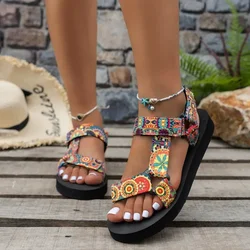 Women's Shoes 2024 Open Toe Women's Sandals Summer Bohemian Mixed Color Soft Sole Lightweight Casual Comfortable Flat Sandals