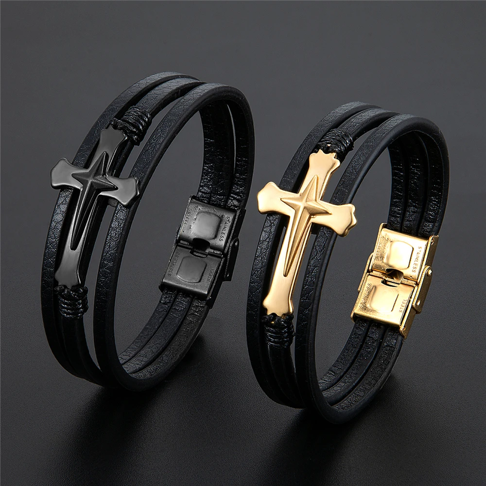 New Prayer Style Multi Layer Design Stainless Steel Cross Bracelet Leather Bracelet Women Classic Christmas Men Fashion Gift