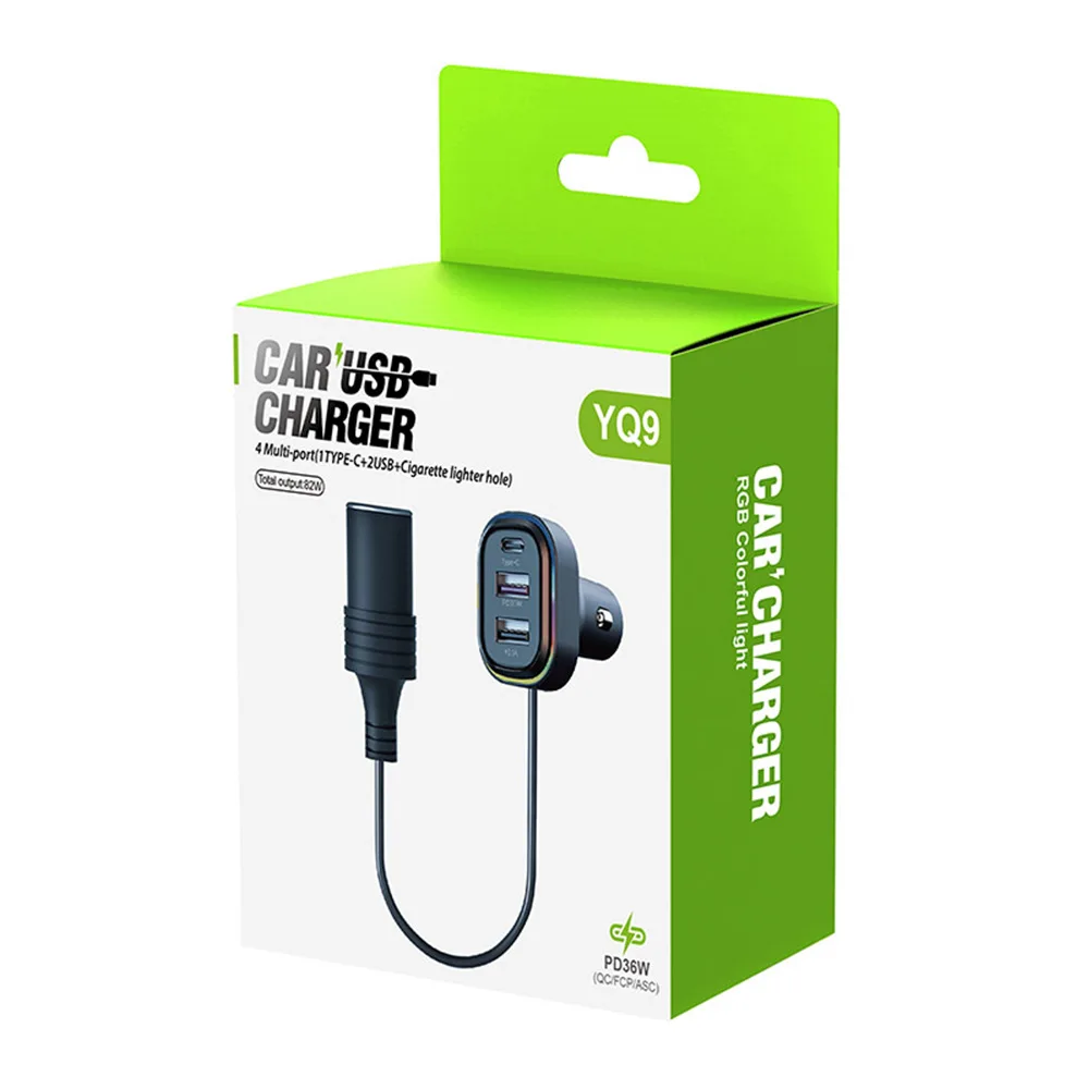 

YQ9 Car Charger for Android Huawei Mobile Phone PD 36W Super Fast Charging with Cable Cigarette Lighter Expansion Car Charger