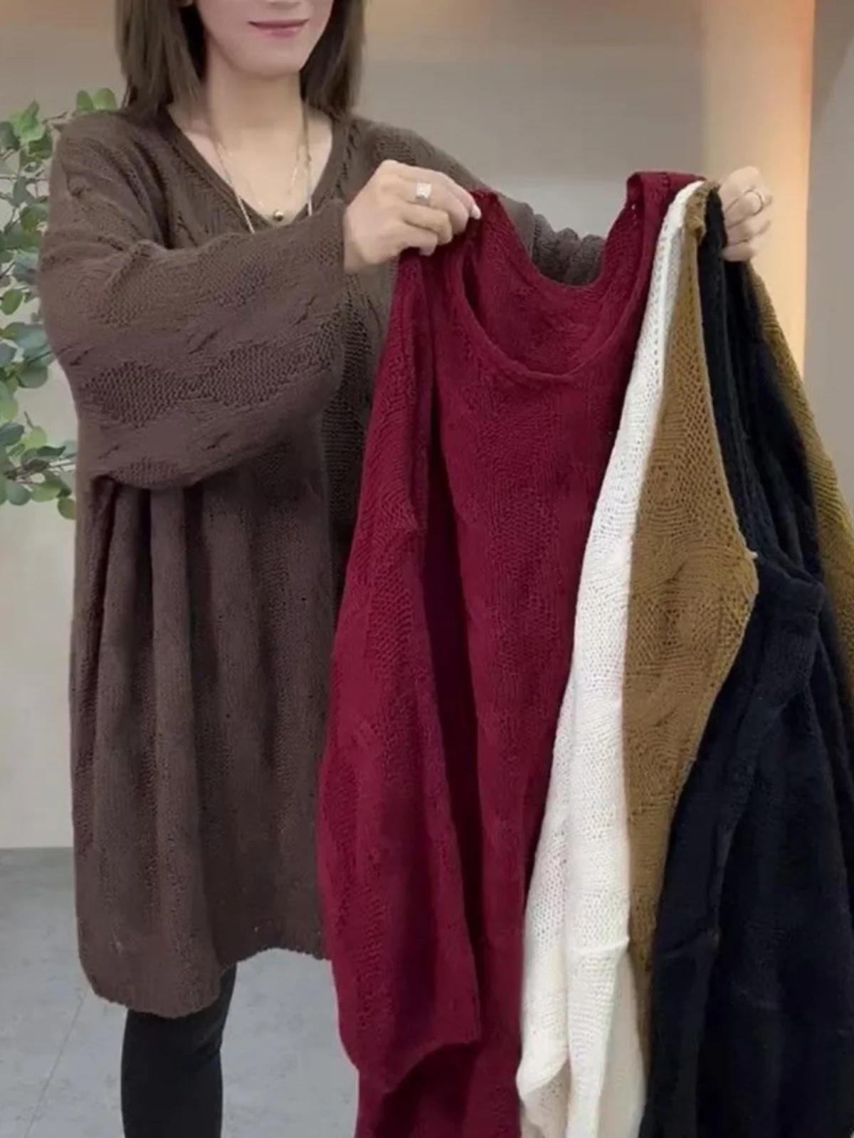 

Большой размер 300, вязаный свитер средней длины Pou V-Ne в стиле ретро, всесезонный женский модный однотонный свитер для поездок на работу