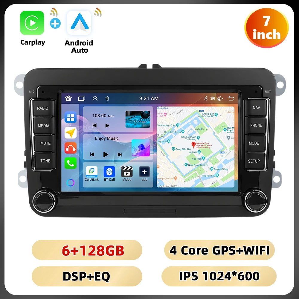 Podofo 7 ''6 + 128G Autoradio Voor VW/PASSAT/GOLF/SCIROCCO Multimedia Speler navigatie Carplay Android Auto WIFI BT RDS Auto Audio