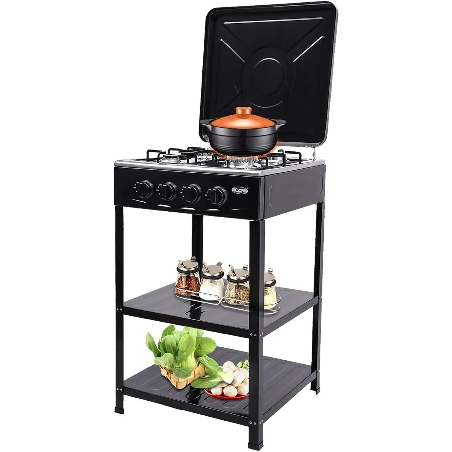 موقد غاز 4 شعلات، موقد خارجي محمول مع حامل تخزين قابل للإزالة، طباخ غاز البروبان عالي التحمل من الفولاذ المقاوم للصدأ مع الرياح #1