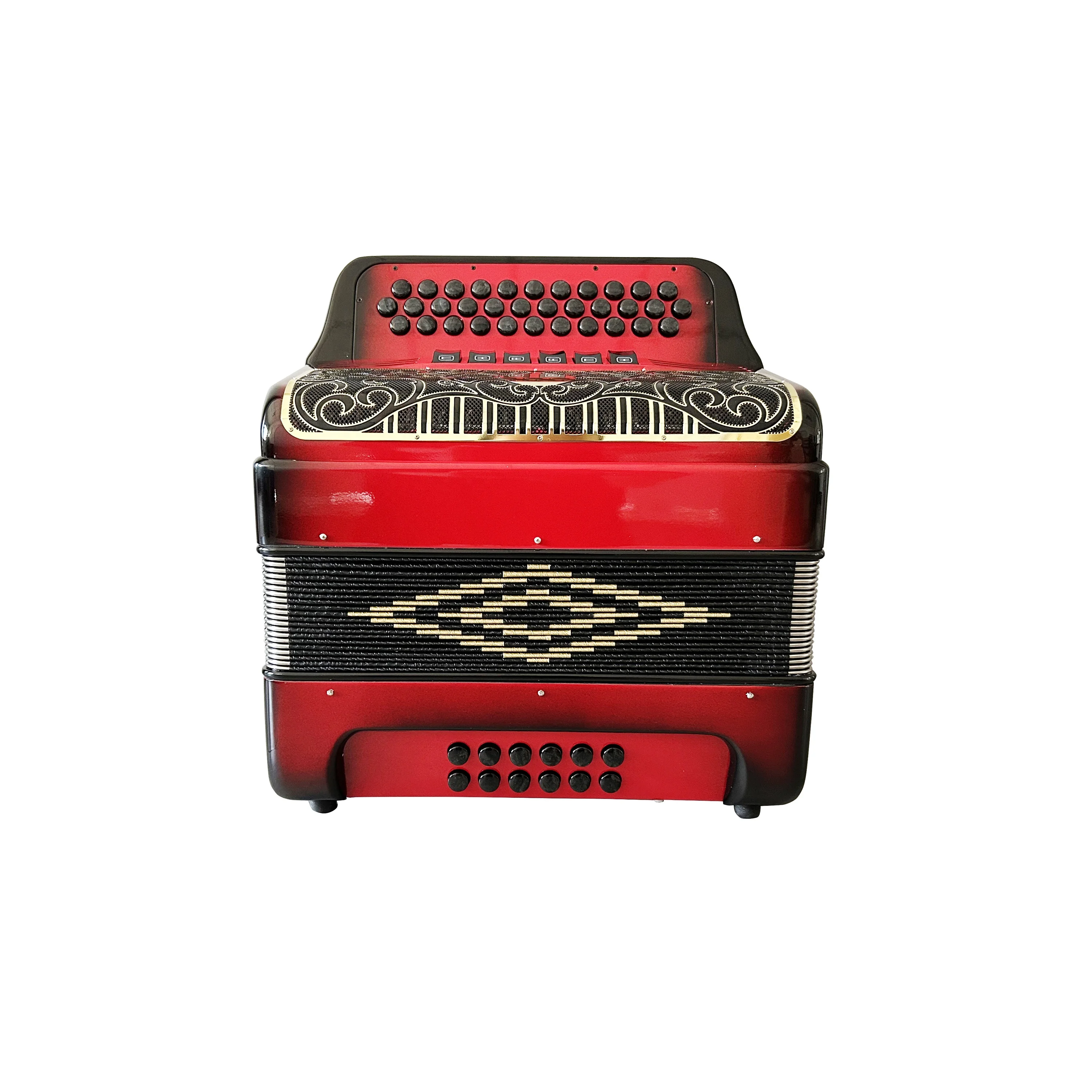 Professional Diatonic Accordion 34-Button 12-Bass 6-Registers Red Black Wood Body Gold Grill Buttons