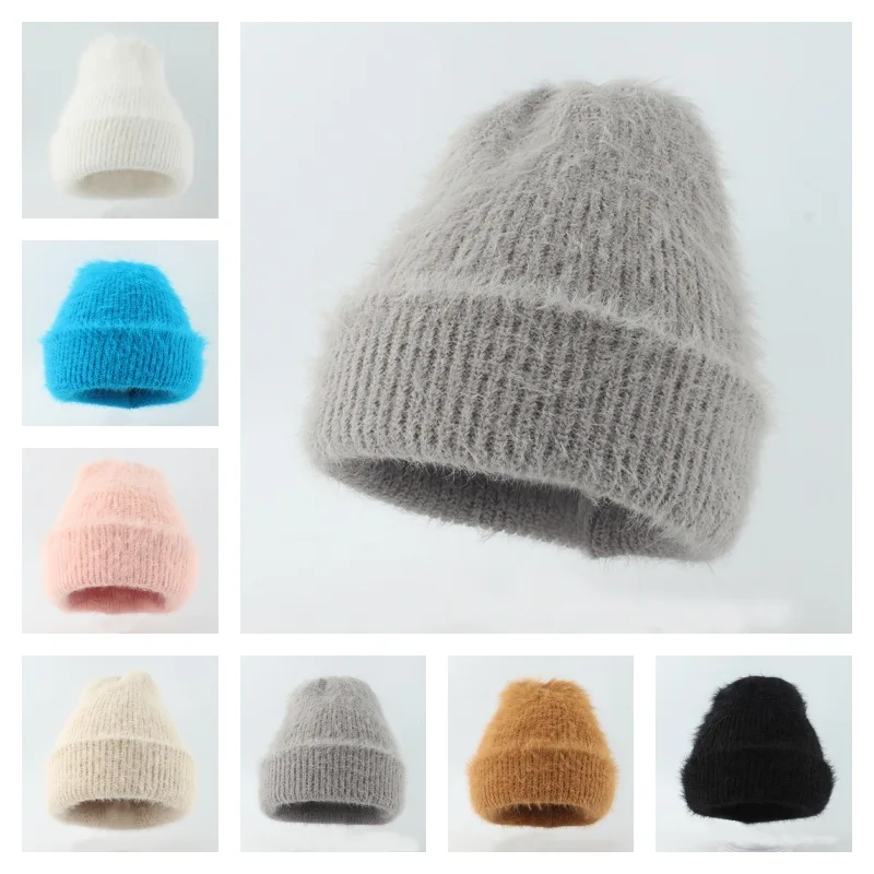 

Autumn Hat Winter Caplong Hair Knitted Woman Thick Rolled Warm Hat Beanie Woman Fashion Outdoor New