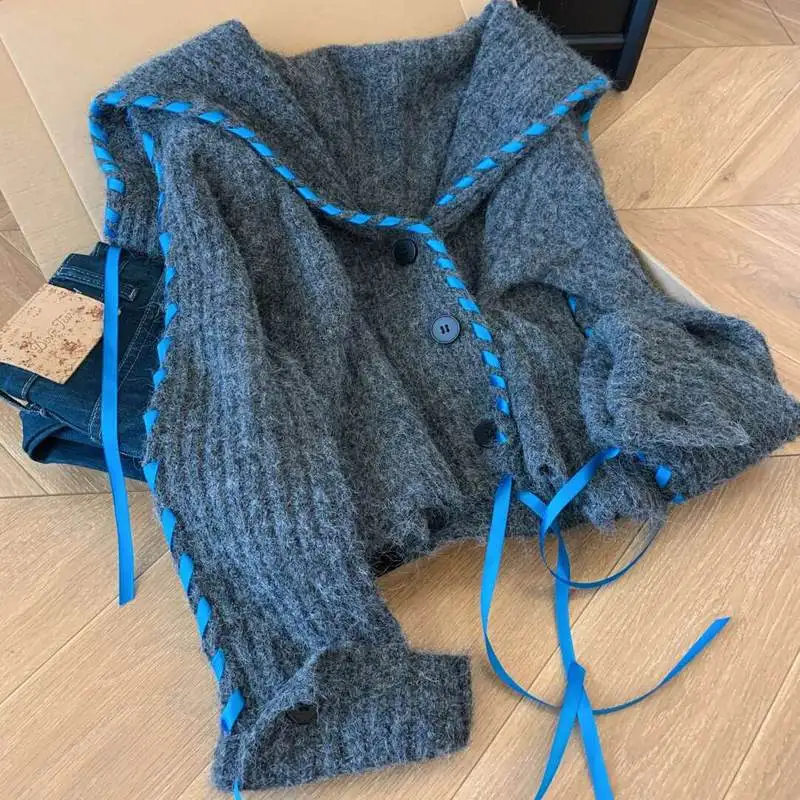 

American Style Knitted Cardigan for Women Autumn Winter New V-neck Sweaters Coat Vintage All-match Casual Tops Mujer