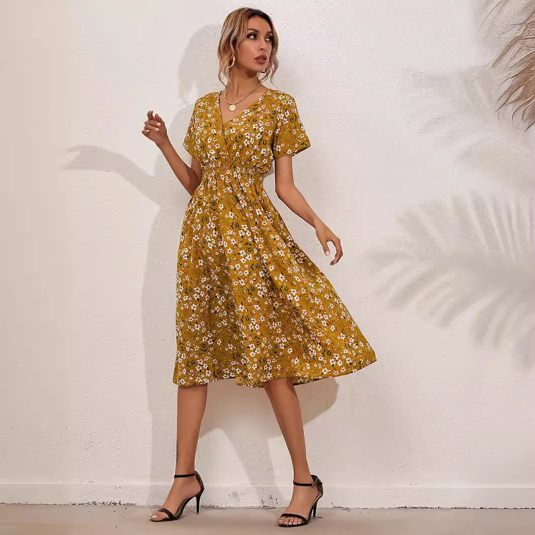 Summer Floral Print Short Sleeve Dress Women's Fashion Cross-Border V-Neck Princess Style Loose Fit Casual mid Waist Design