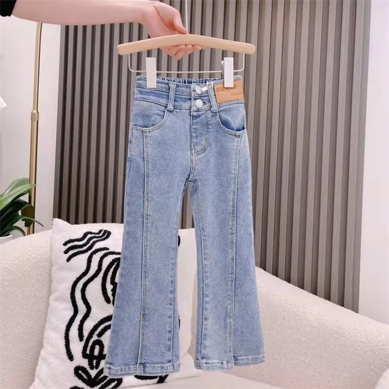 RAISE Spring Kids Girls Flared Pant Cotton Sticker Baby Girl Denim Pant Retro Elastic Wiast Toddler Girls Jeans Children Trouser