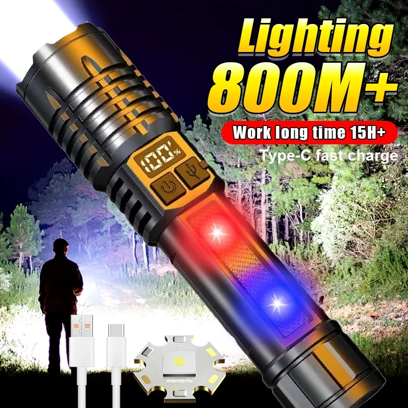 Portable Rechargeable High Power LED Flashlights With Display Screen Zoom Tactical Torch Lamp with Emergency Side Lights Lantern