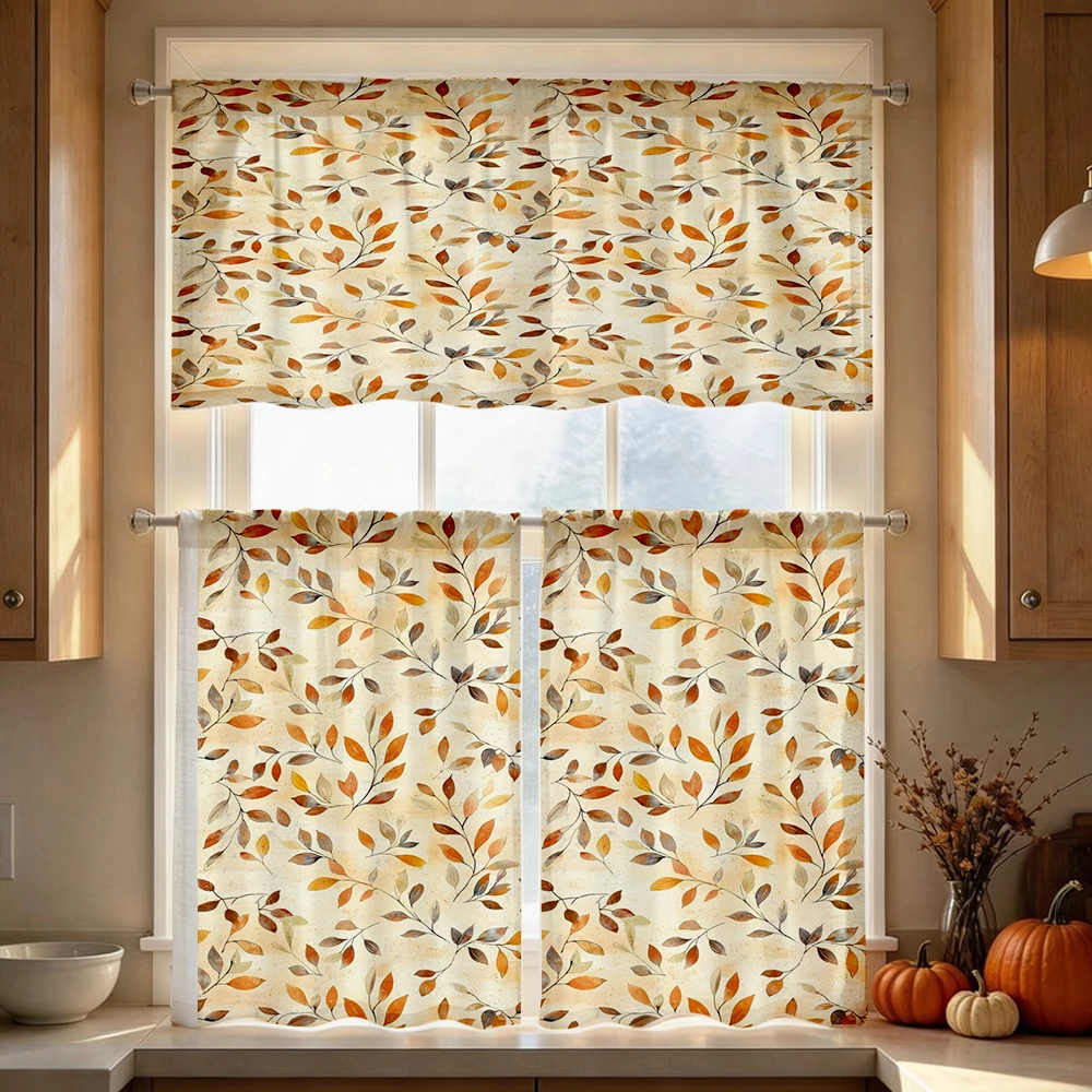 Fall Kitchen Curtains, Golden Brown Branch Leaves, Digital Print, Kitchen Dining Room, Rod Pocket Polyester, Home Decor