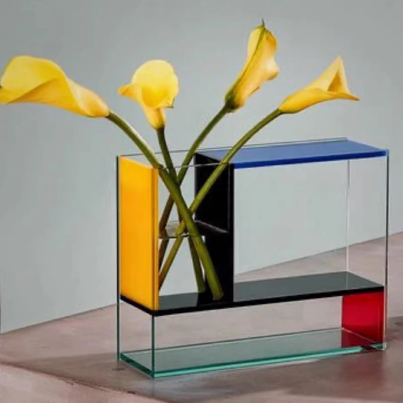Mondrian-style Acrylic Vase, Modern New York Museum Art Decor for Home & Office Desk, Transparent Flower Holder