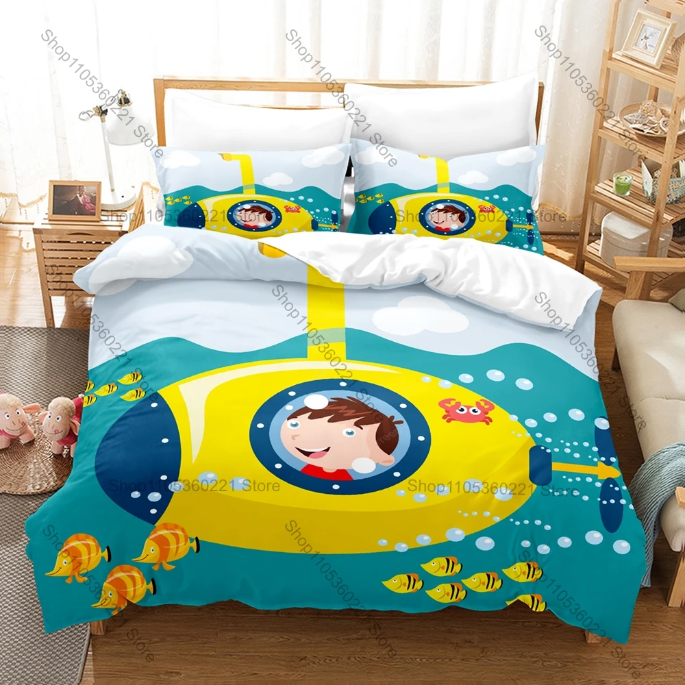 Nautical Style Bedding Set, Duvet Cover + 2 Pillowcases, Submarine Design Comfortable Home Bedding Supplies