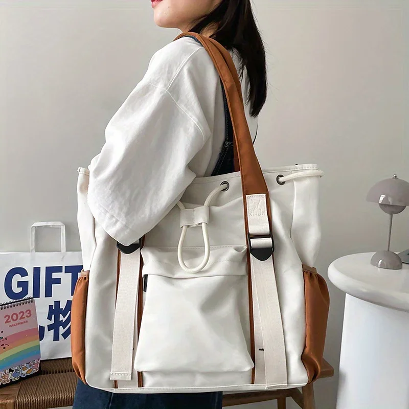 Large Capacity Nylon Student Class Tote Bag, Contrast Color Handbag, Simple Commuter One-Shoulder Bag, Casual Crossbody Bag