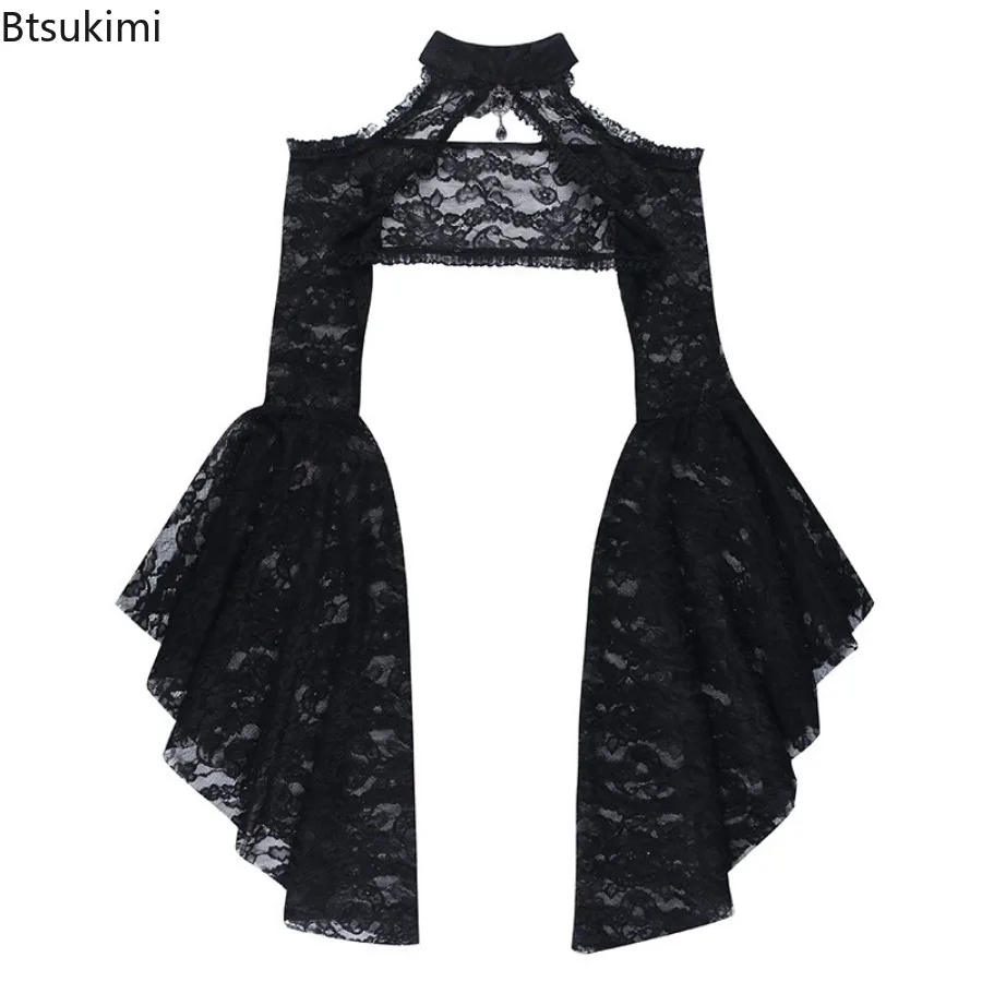 Lace Shrugs Sheer Crop Tops Long Bell Sleeves Women Dark Gothic Wedding Punk Cold Shoulder Costume Crochet Bolero Cover Up Shirt