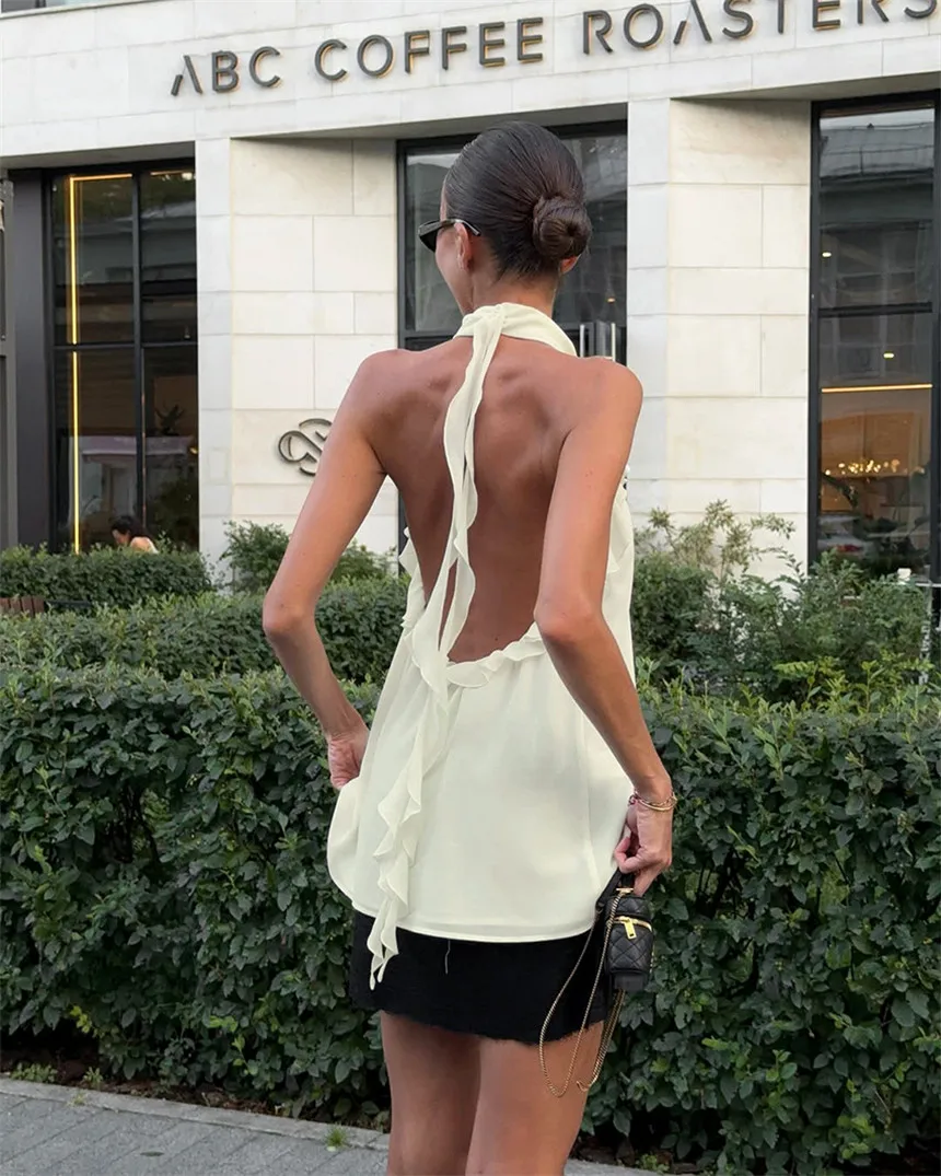 Aligaia Fashion Lady Hanging Neck Chest Wrapped Waist Cinched T-shirt 2026 Summer New Sexy Backless Versatile Casual Top