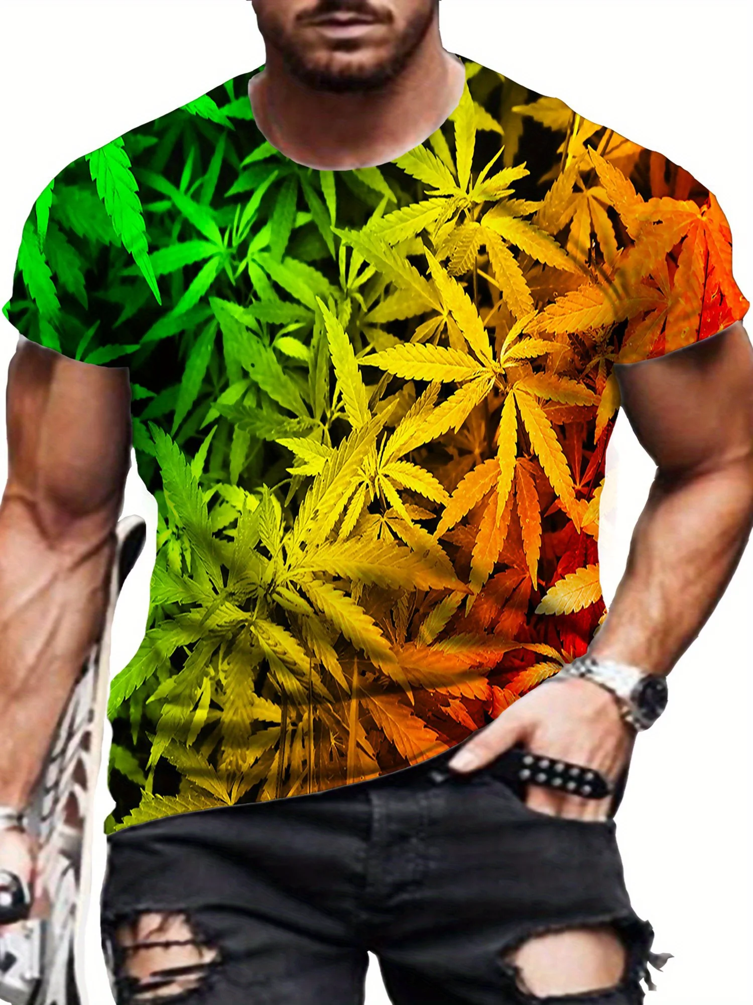 Men'S & Women'S All-Season 3D Leaf Print Short Sleeve T-Shirt - Vibrant Geometric Design, Soft Polyester Fabric,