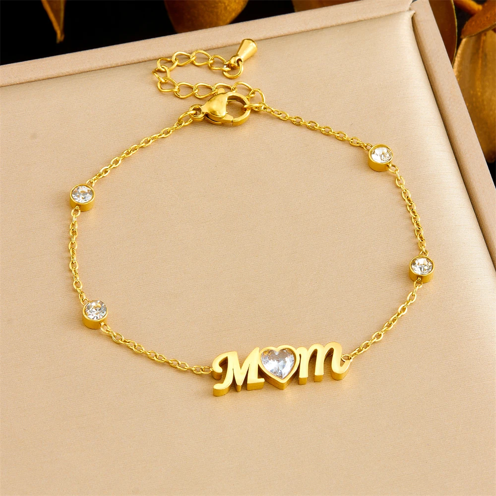 Edelstahl-Armband mit Buchstaben-MOM-Zirkon-Anhänger für Damen, neue modische Handkette, Schmuck, Muttertagsgeschenk