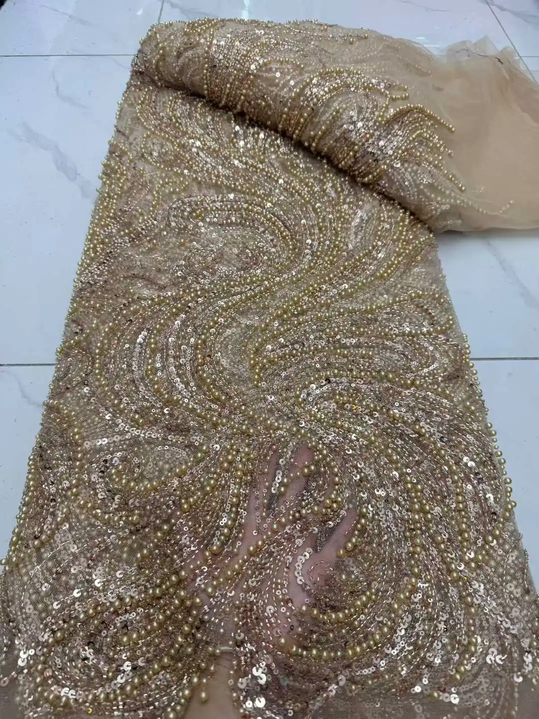 

African Beaded 2025 High Quality Nigerian Sequins With Pearl Lace French Tulle Lace Fabric For Party Dress Sewing