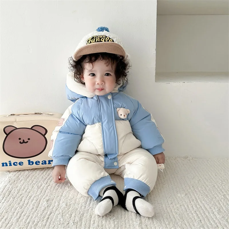 2024 Winter Baby Boys Bodysuits Cotton Padded Hooded Warm Infant Boys Snowsuit Cartoon Plus Velvet Thick Toddler Boys Overalls