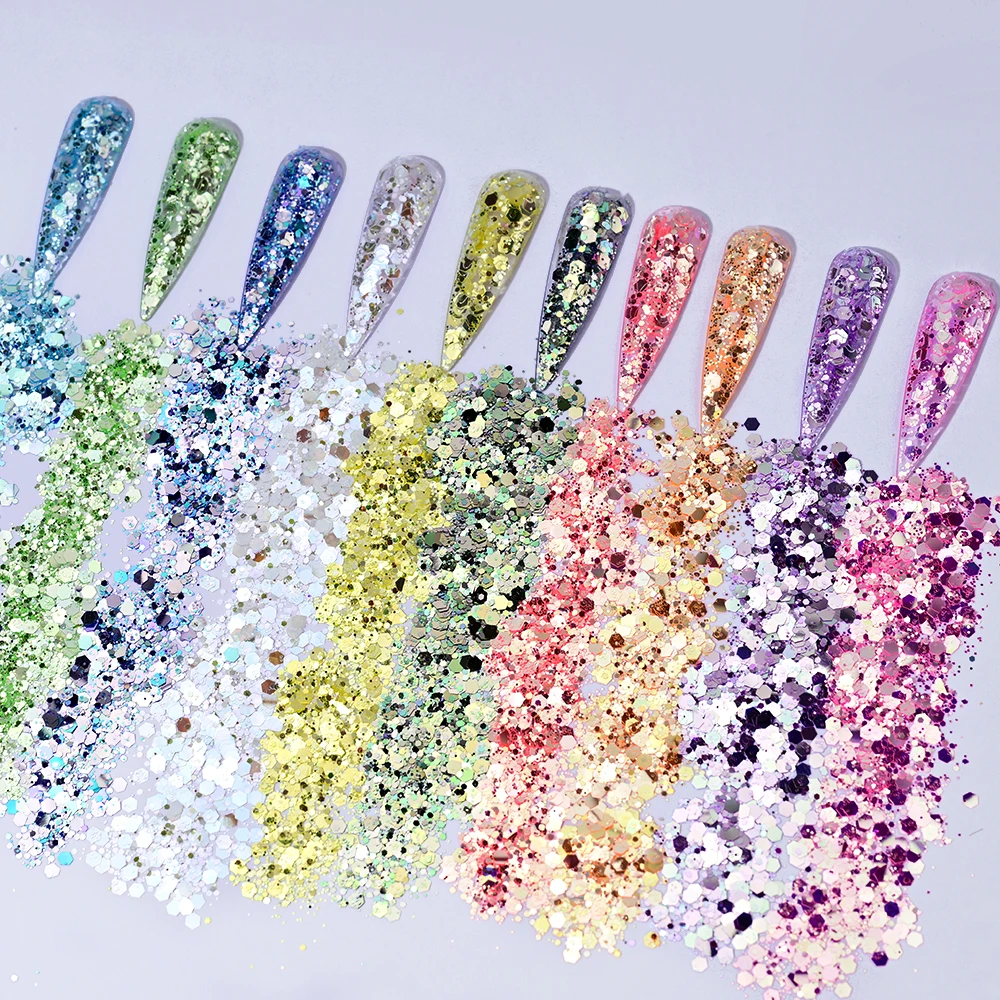 50 กรัม/ถุง Platinum Mirror Glitter เล็บหกเหลี่ยม Chunky เลื่อมผสมขนาดสีรุ้งเล็บ Paillette DIY เล็บแต่งหน้าเลื่อม