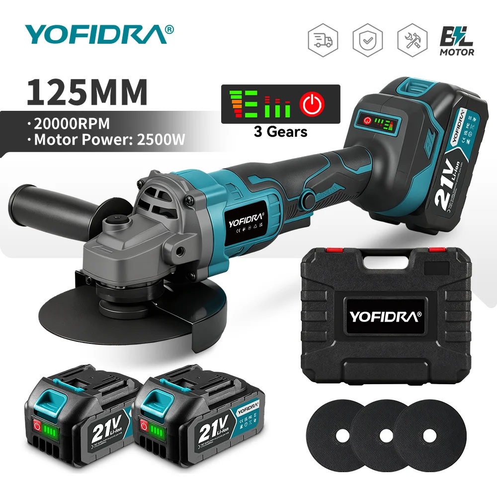 YOFIDRA 125MM Bürstenloser Elektrischer Winkelschleifer 20000RPM Kabellos Holz- und Metallschneiden Schleifen Polieren Elektrowerkzeug für Makita Akku