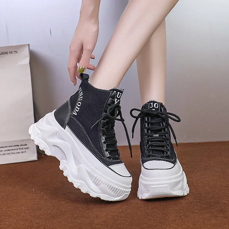 Fashion Chunky Platform Motorcycle Boots Women Autumn Winter Thick Bottom Ankle Botas Mujer White High Top Gothic Sneakers Shoes