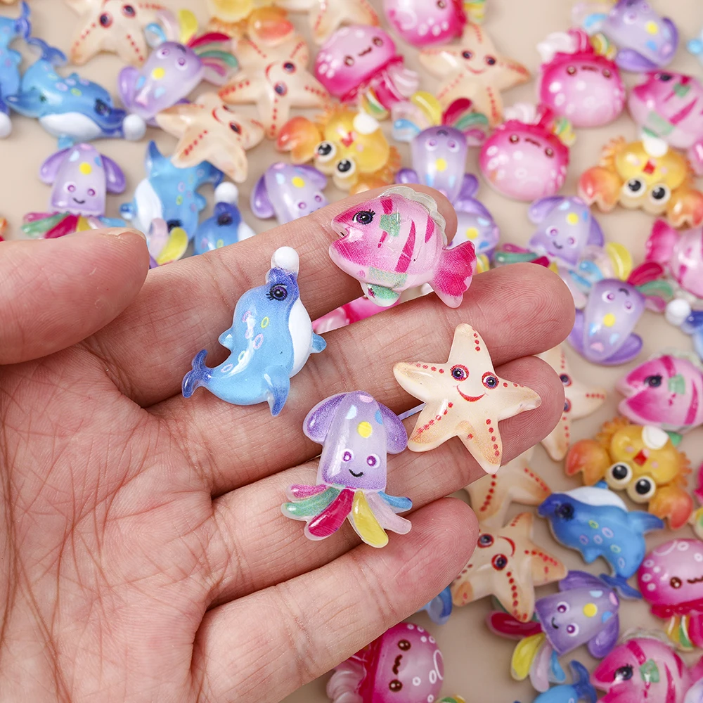 Leslie 15 Stücke Neue Nette Charms Harz Seestern Fisch Krabbe Wal Tintenfisch Flache Rückseite Cabochon Für DIY Telefon Fall Nail art Zubehör – Detail 2