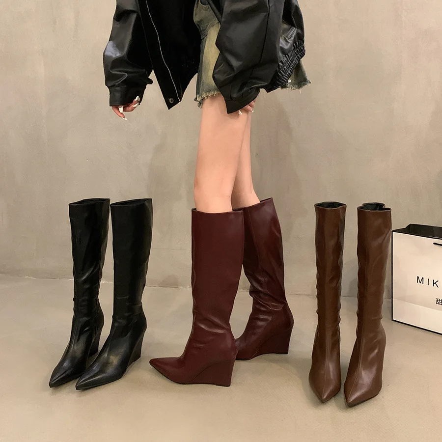 

Knee-High-Top Solid Color Leather Botas Largas De Mujer Wedges High Heels Pointed Toe French Style Slip On Long Boots For Women