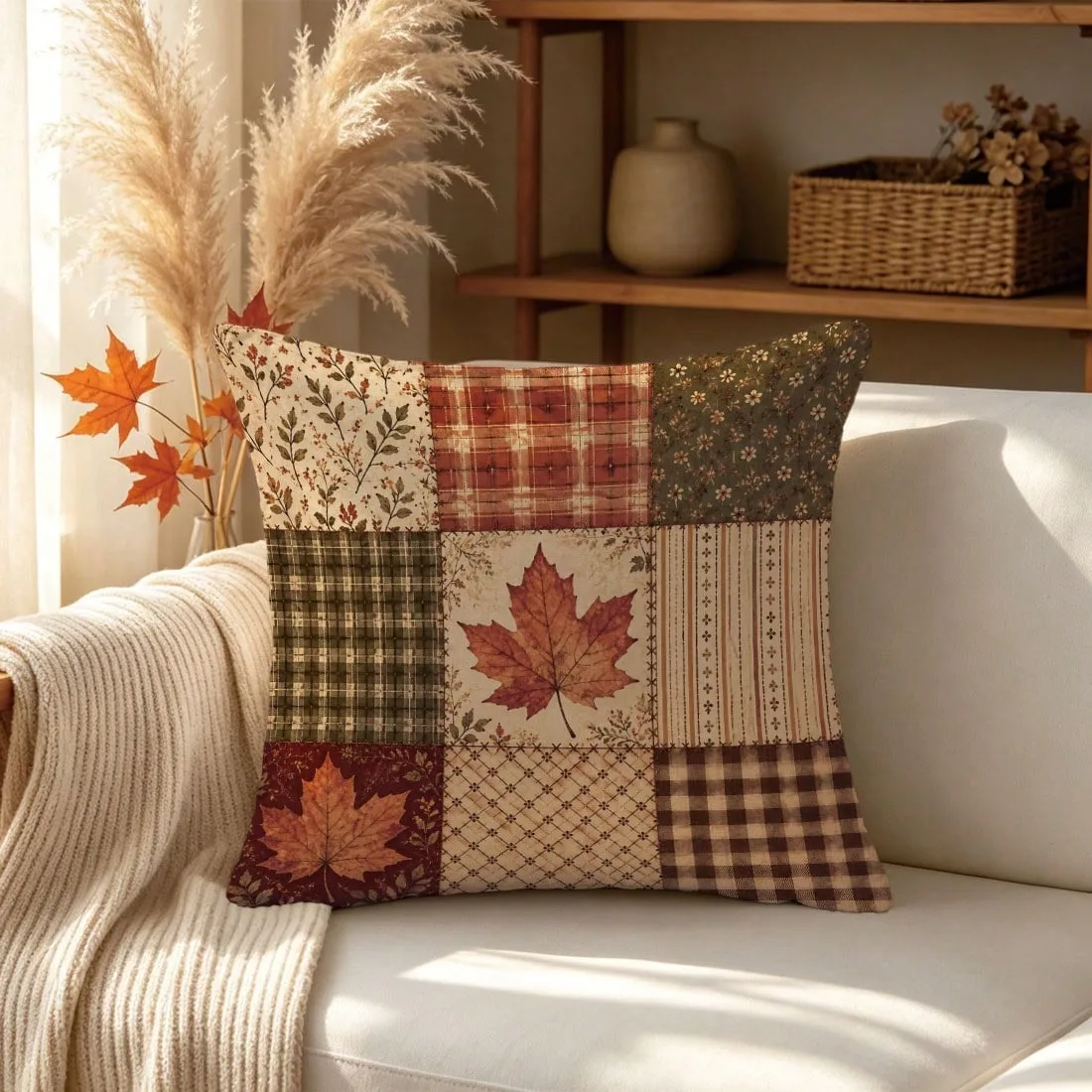 1pc Fall Maple Leaf Pillow Cover, Polyester 2D Double‑Sided Print Vintage Patchwork Plaid Floral Thanksgiving Sofa Couch Home Fa