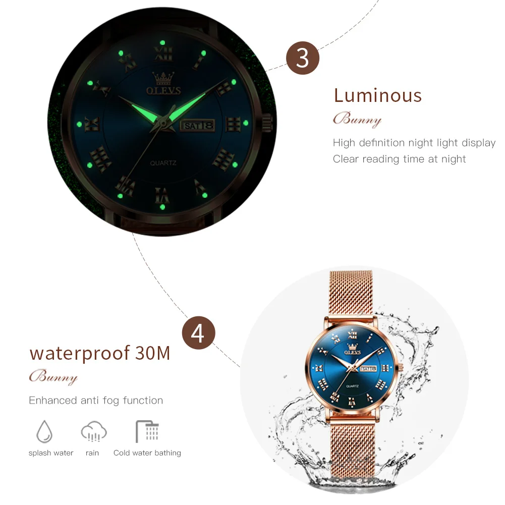 OLEVS Luxury Brand Women\'s Watches Week Calendar Fashion Quartz Watch Milanese Mesh Belt Waterproof Luminous Original Female