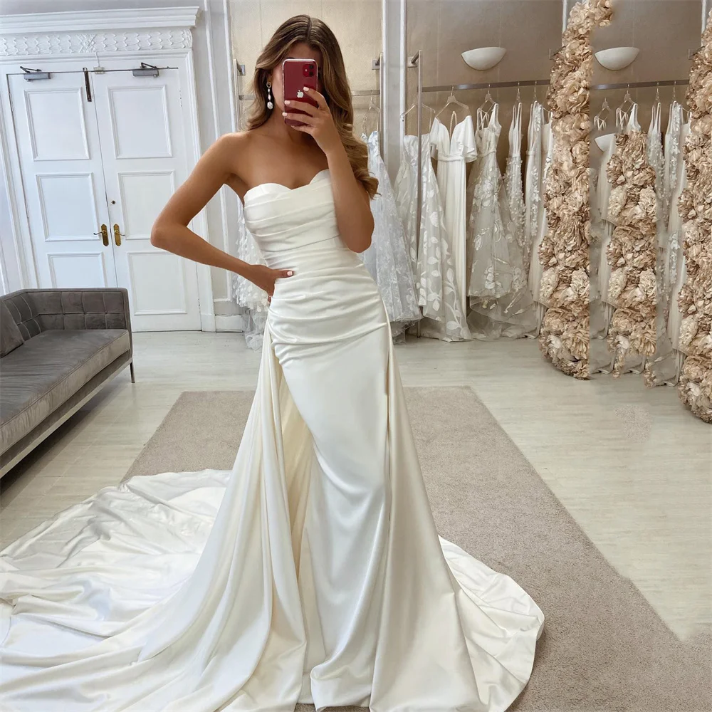 White Satin Long Train Wedding Dresses Mermaid Detachable Overskirt Bride Dress 2025 Simple Wedding Gowns Beach Summer Vestidos