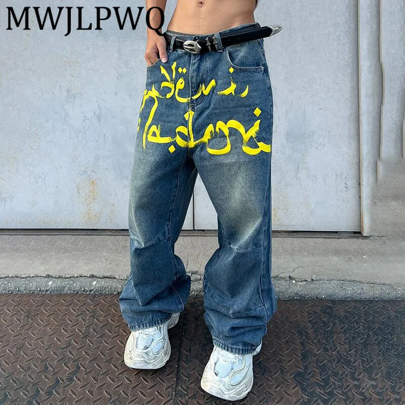 MWJLPWQ American Draped Printed Straight Jeans Unisex High Street Autumn Loose Washed Niched Design Male Casual Long Pants 12471