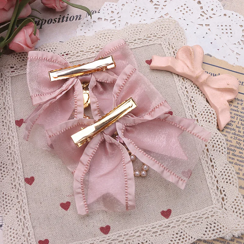 Hair Ribbon Bows Hairclips 1 Pair Girl y2k Japan Accessories Trendy Hair Clips Accessory Lolita Ornament Diamond Heart Pendant