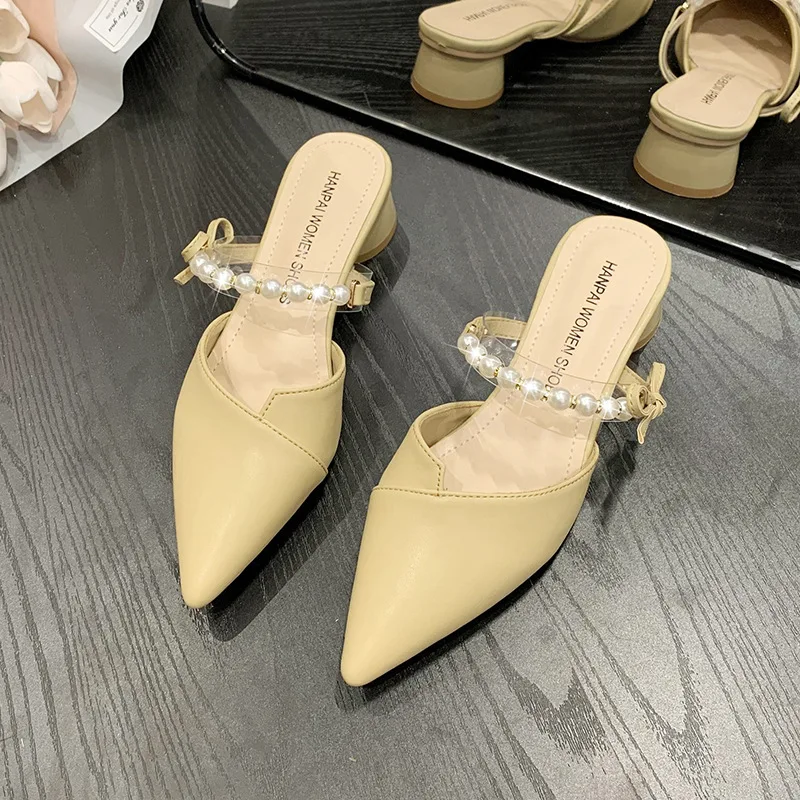 Fashion Baotou Half Slippers sandals Female Summer Outdoor Pearl Pointed Thick Heel High Heels Slippers Chaussure Femme