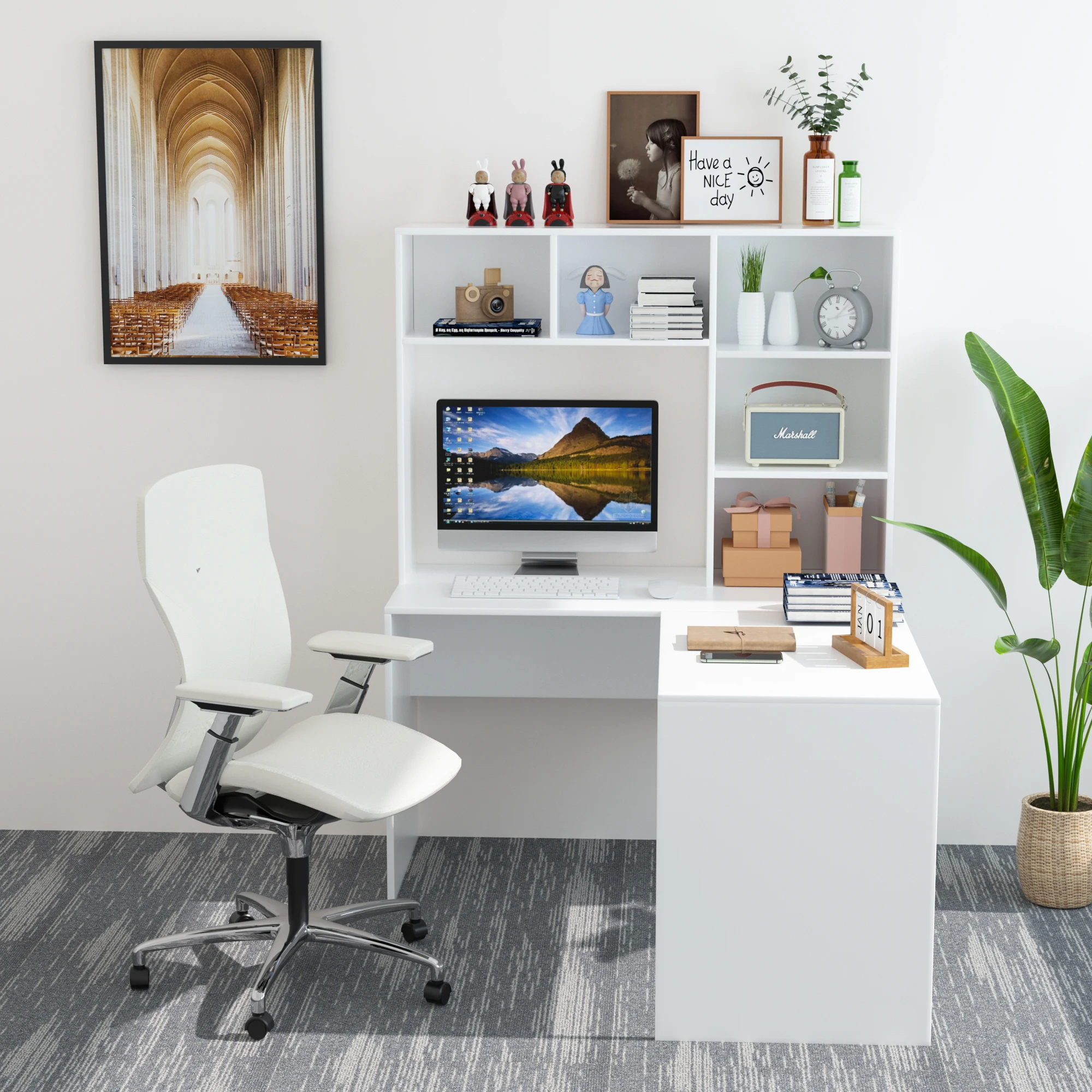 Getone escritorio, esquinero mesa, escritorio blanco, escritorio en L con Estantería para Dormitorio, Estudio, Oficina 107.8x124.7x152.5cm