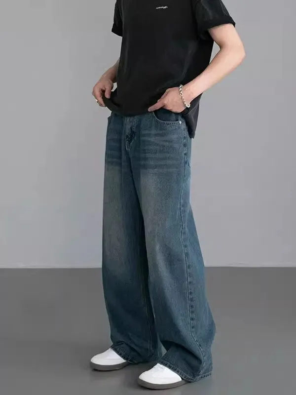 

Мужские джинсы с широкими штанинами в стиле ретро, американская модная повседневная одежда длиной до пола, всесезонная классическая синяя джинсовая одежда