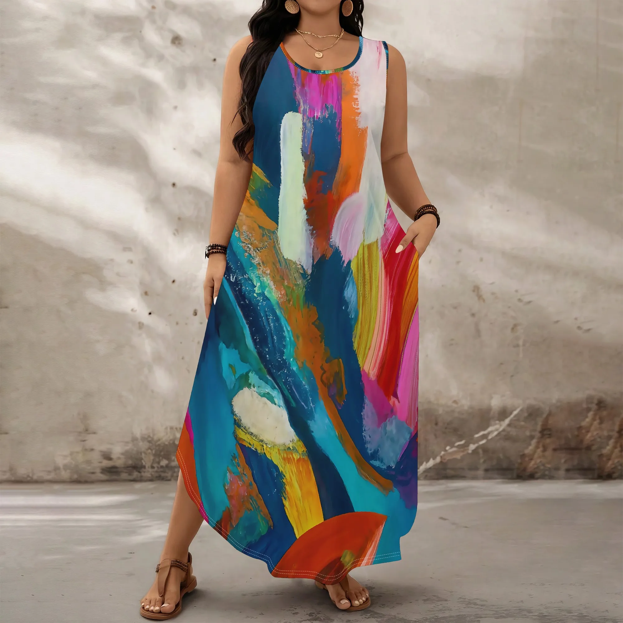 

Color Splash Plus Size Dress XL‑6XL Sleeveless Loose Fit with Asymmetrical Hem for Art Fest, Music Event or Summer Vacation