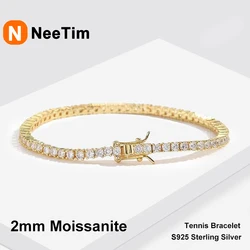 NeeTim 2mm MoissaniteTennis Bracelet for Women 925 Sterling Silver with White Gold Plated Full Diamond Bracelets Jewelry Gift