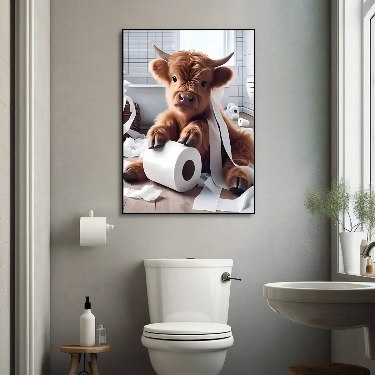 Modern Scottish Highland Cow Canvas Prints Cute Country Animal Wall Art Posters for Bathroom Living Room Farmhouse Decor Cuadros