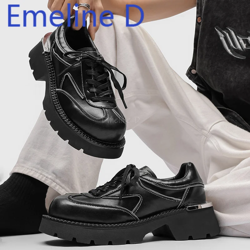 

Big Toe Thick Sole Single Shoe Fashionable Lace Up Design Round Toe Punk Derby Shoes Casual Versatile Men's Flat Shoes