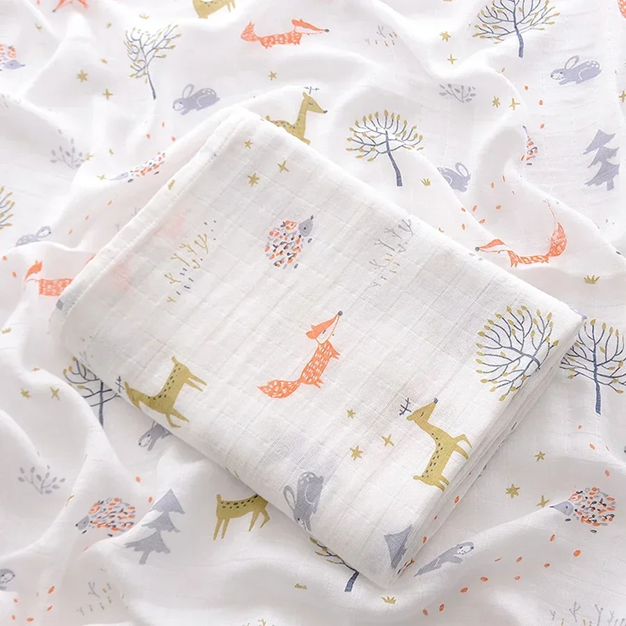 Baby Bath Towel Muslin Cotton Double Layered Swaddle Wrap Blanket Cartoon Print Newborn Soft Gauze Stroller Cover Blanket