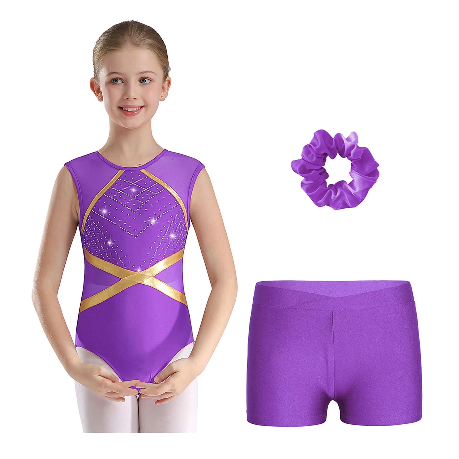 

Kids Girl Figure Ice Skating Costume Ballet Rhythmic Gymnastics Outfit Sleeveless Rhinestones Leotard with Shorts And Headwear