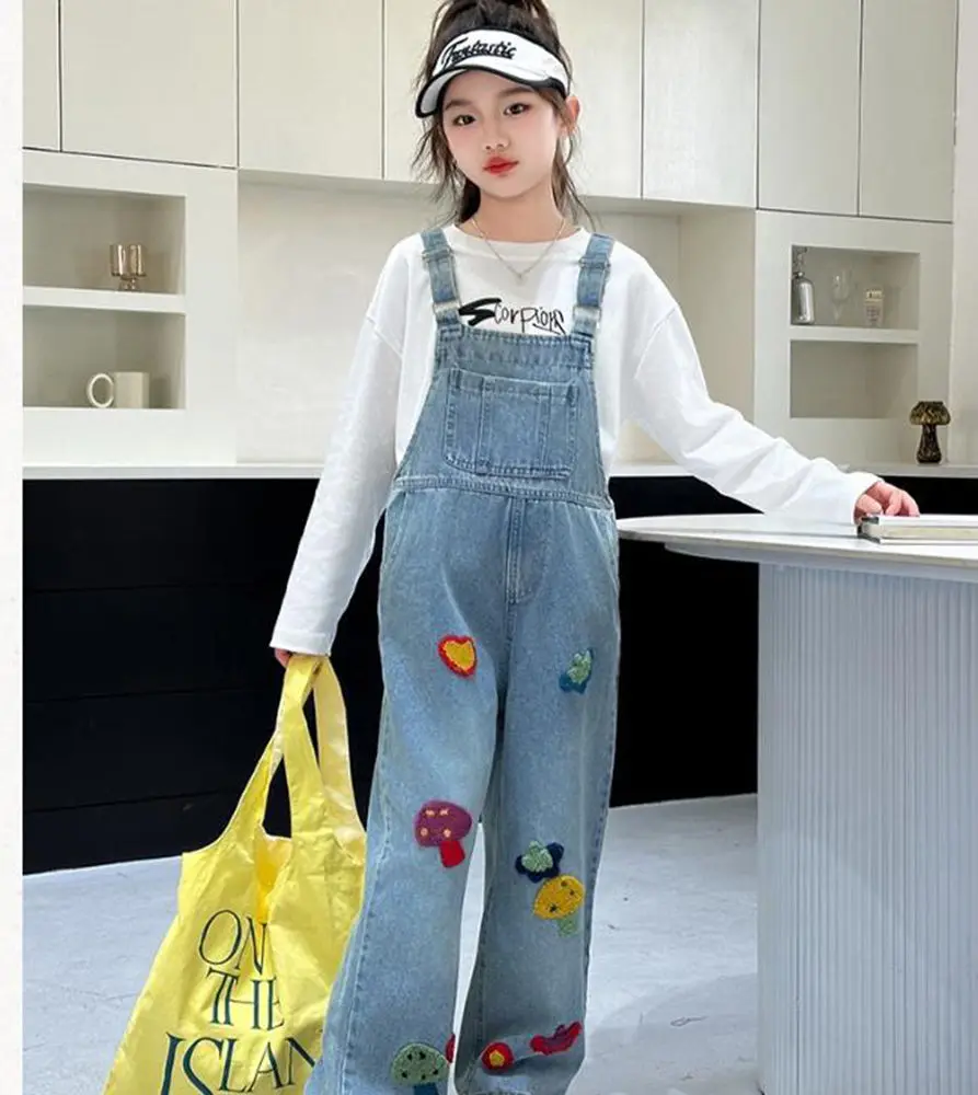 Kids Denim Overalls for Baby Girls Casual Jeans Suspenders With Strap Children Fashion Jeans Jumpsuit For Teenagers Age 5-14 Y