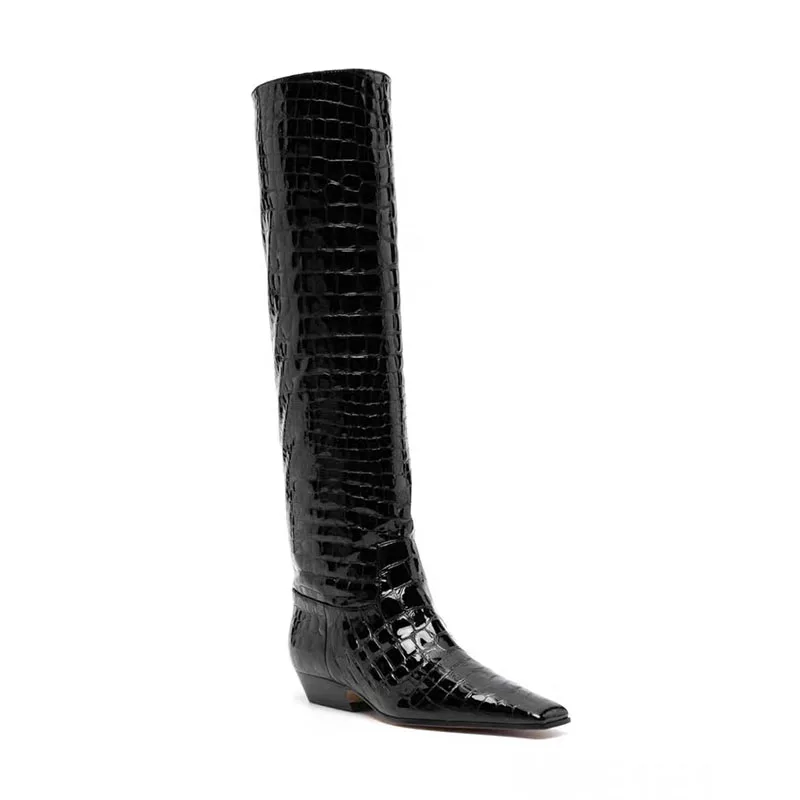 Arden Furtado 2024 Autumn Crocodile grain Patent Leather square-head Slip-on Knee high boots Large size Middle heel Modern boots