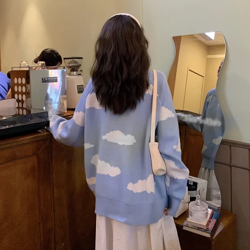 Blue/Black Fall Winter New Pull Jumpers Women Korean Cartoon Cloud Sweater Chic Casual Oversized Knitted Pullover Tops All-match