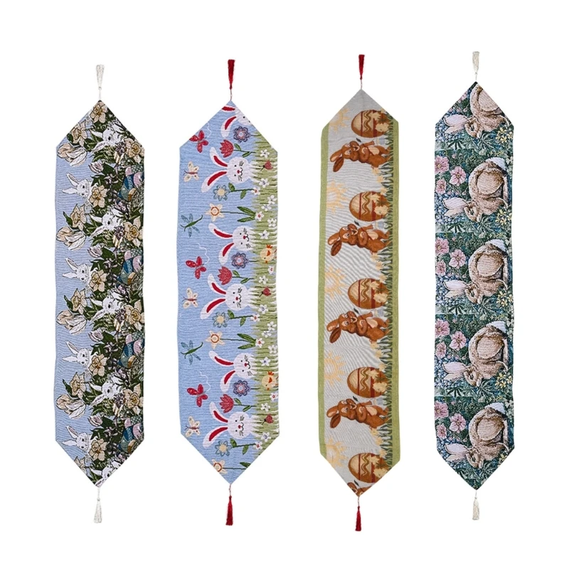 Happy Easter Table Runner 14 71 Inch Rabbit Bunny Egg Easter Tablecloth for Spring Party Kitchen Dining Decor A0KC