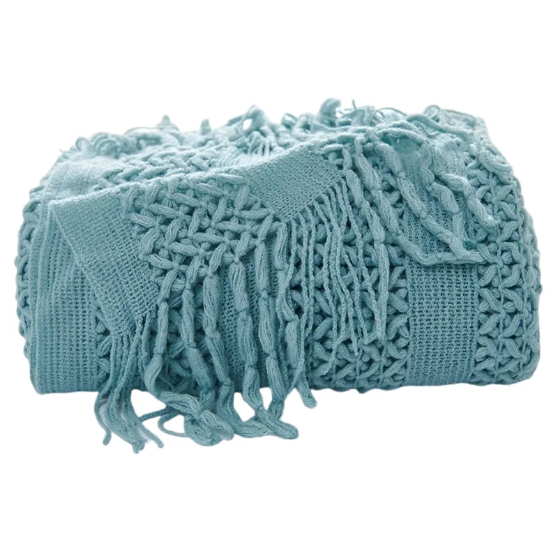 

Inyahome Light Blue Textured Throw Blankets With Tassel for Travel Home Decor Boho Style Knitted Decorative Blanket Plaid Canapé
