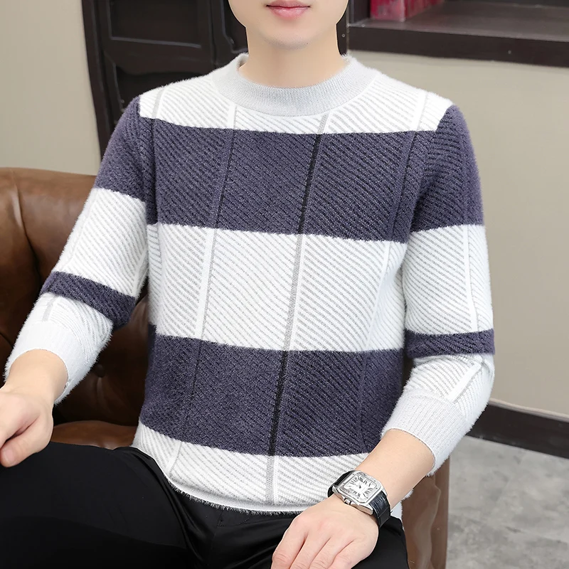 الخريف الشتاء الرجال سليم صالح متماسكة البلوفرات موضة الكورية نمط عادية س الرقبة محبوك سترة الرجال سميكة الدافئة مخطط البلوزات #2