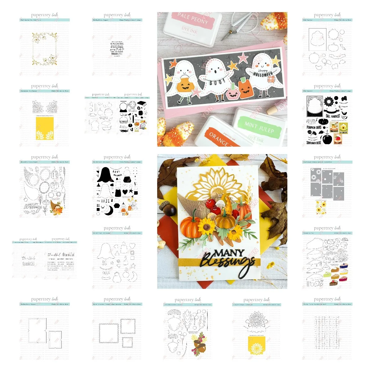 August Dies และ STAMP blooms ฝาครอบเก็บเกี่ยวฤดูใบไม้ร่วง acorns สวนทานตะวัน Stencils DIY scrapbooking บัตรวันหยุดของขวัญทำ