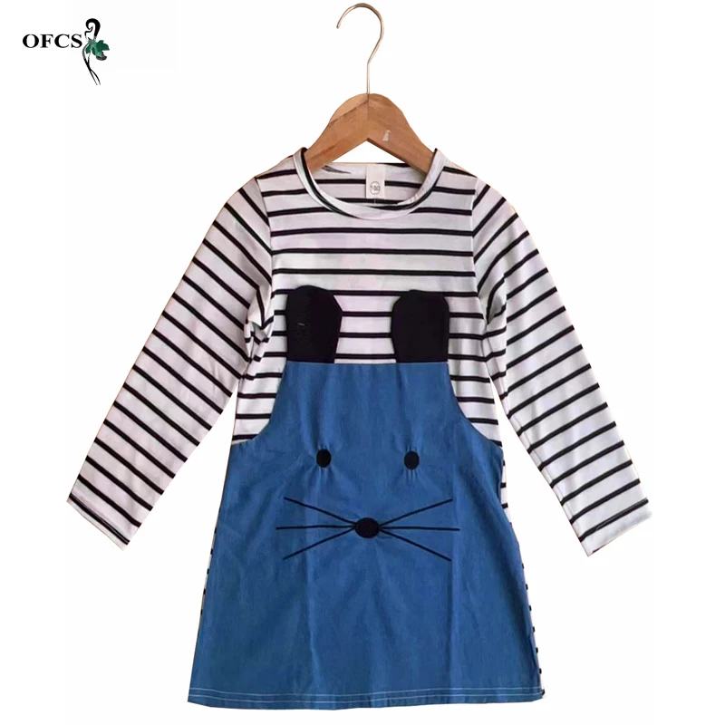 Girls Long Sleeve Striped Fake Two-Piece Dress Cartoon Rabbit Embroidery A-Line Skirt Toddler Casual Daily Outfit Dress