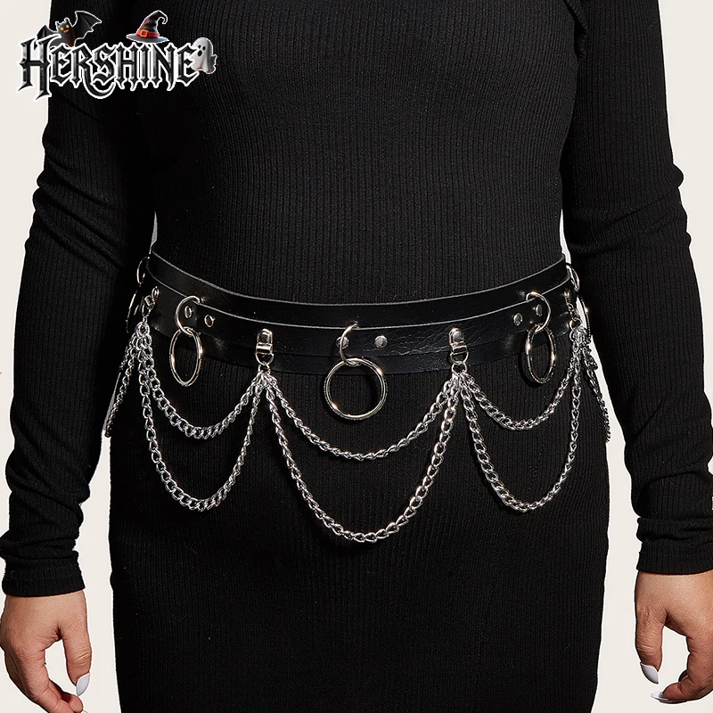 HERSHINE 1 piece 135cm large double-layer chain circle decorative belt Y2K Gothic style dark style punk style Halloween accessor